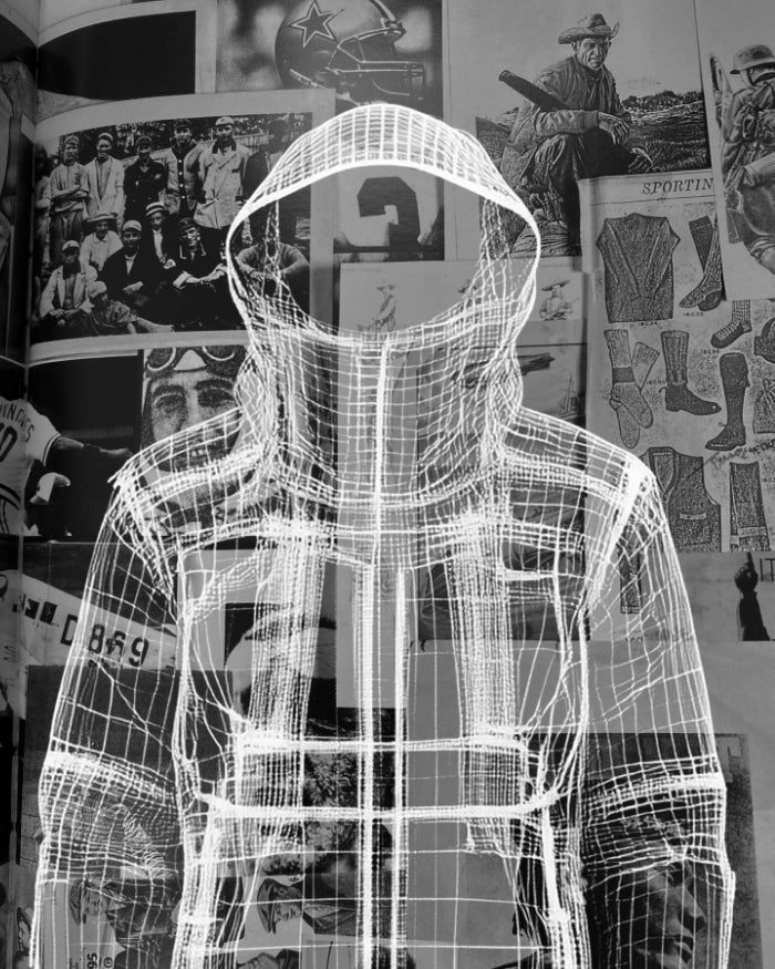 Massimo Osti aesthetic image featuring a technical wireframe jacket overlayed on vintage sports and design reference visuals.
