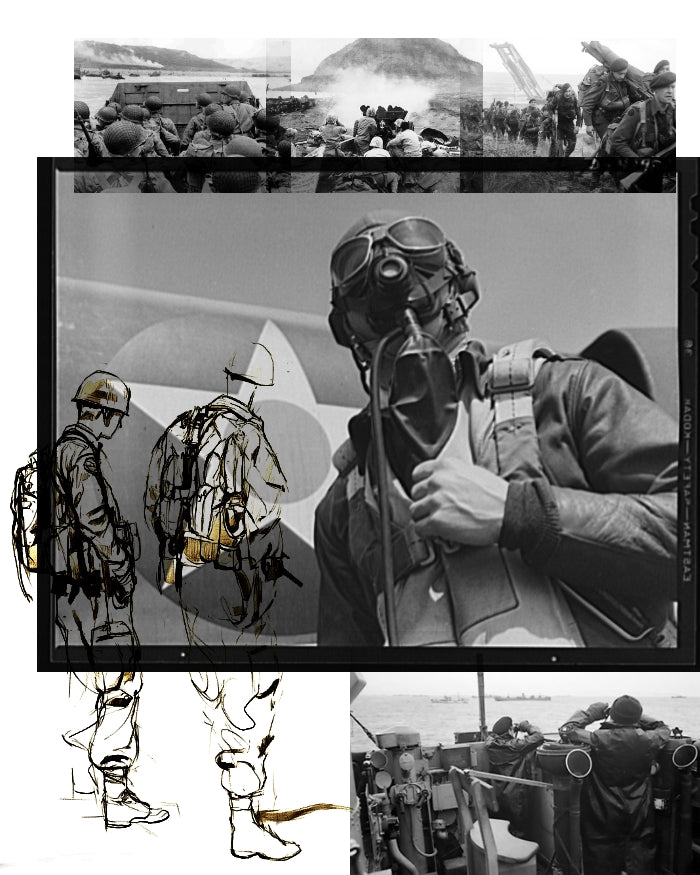 Collage of Massimo Osti inspiration images combining military sketches, soldiers, and archival black and white photography.