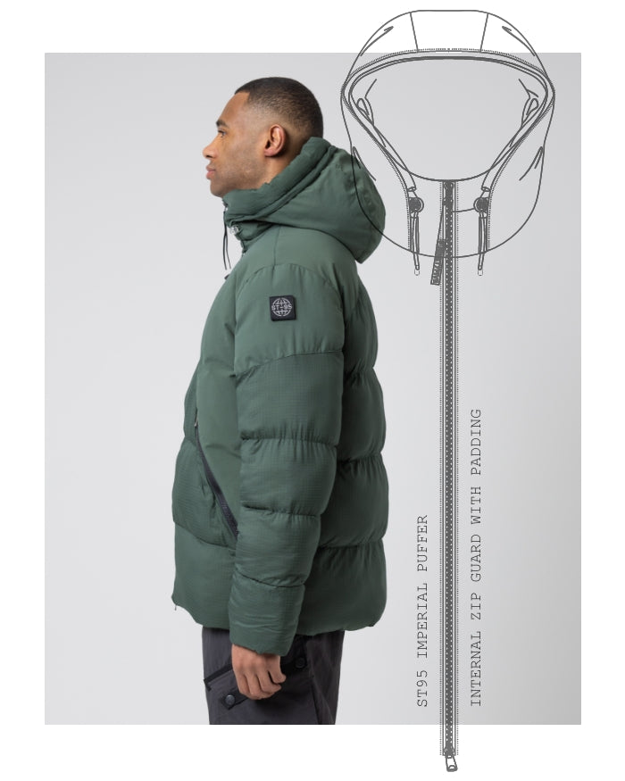 Model wearing the ST95 Imperial Puffer in green, shown with technical hood and zip guard design schematics.