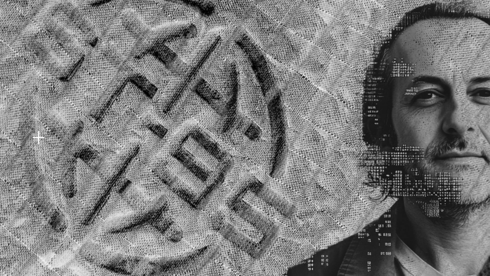 ST95 logo embossed on textured technical fabric, blended with a portrait of founder Massimo Osti in monochrome style.