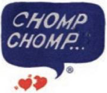Chomp Chomp brand logo featuring white text inside a blue speech bubble with two small red hearts beneath it.