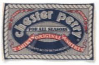 Chester Perry brand label featuring a navy oval design with red and cream rope border and slogan “For All Seasons.”