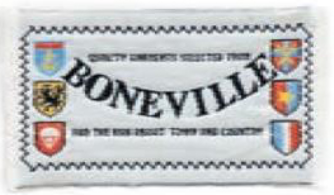 1981 Boneville brand label featuring crest emblems and black text reading “Quality Garments Selected From Boneville.”